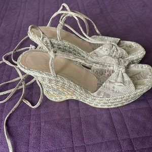 Stuart Weitzman vintage silver snake print wrap around tie wedges